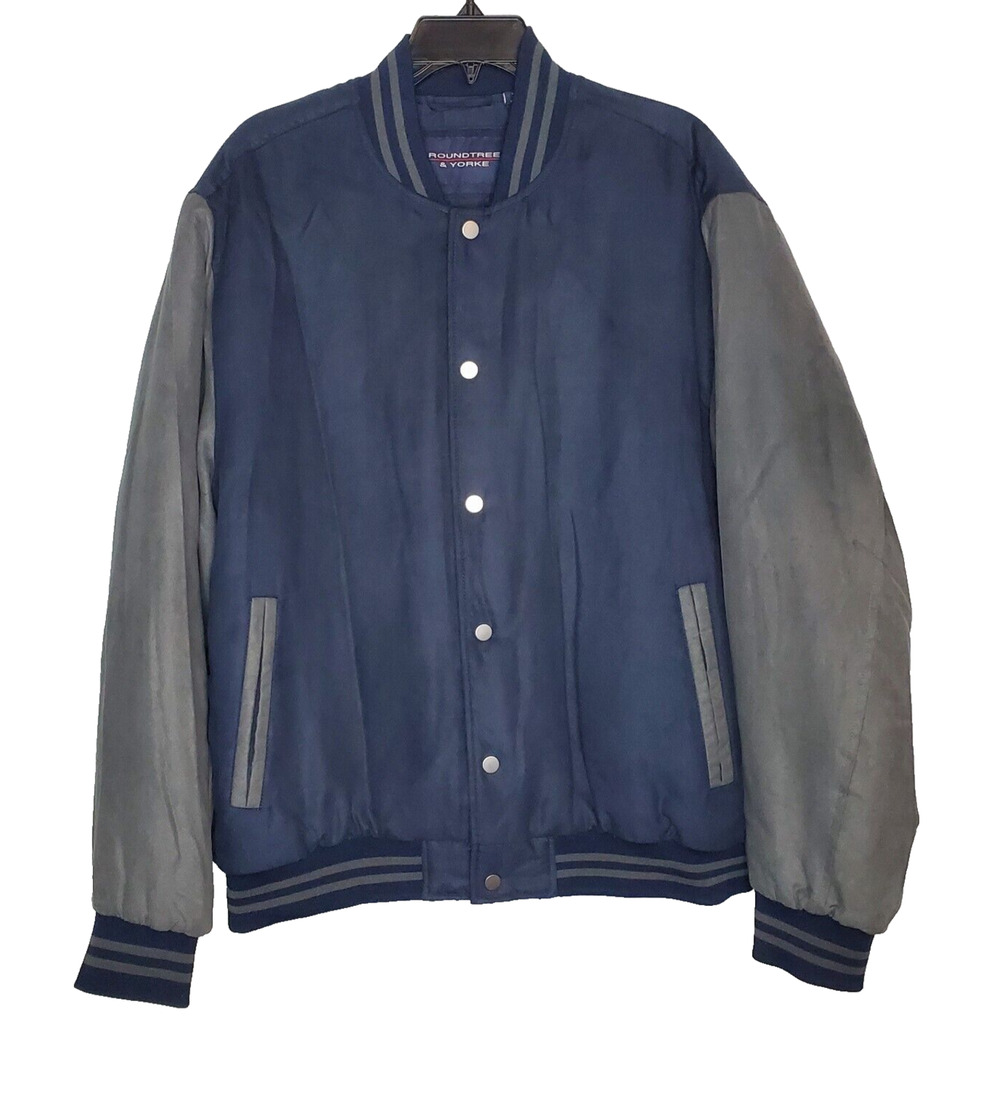 Roundtree & Yorke Mens SZ XL Blue Gray Varsity Jacket Bomber Quilted Insulated